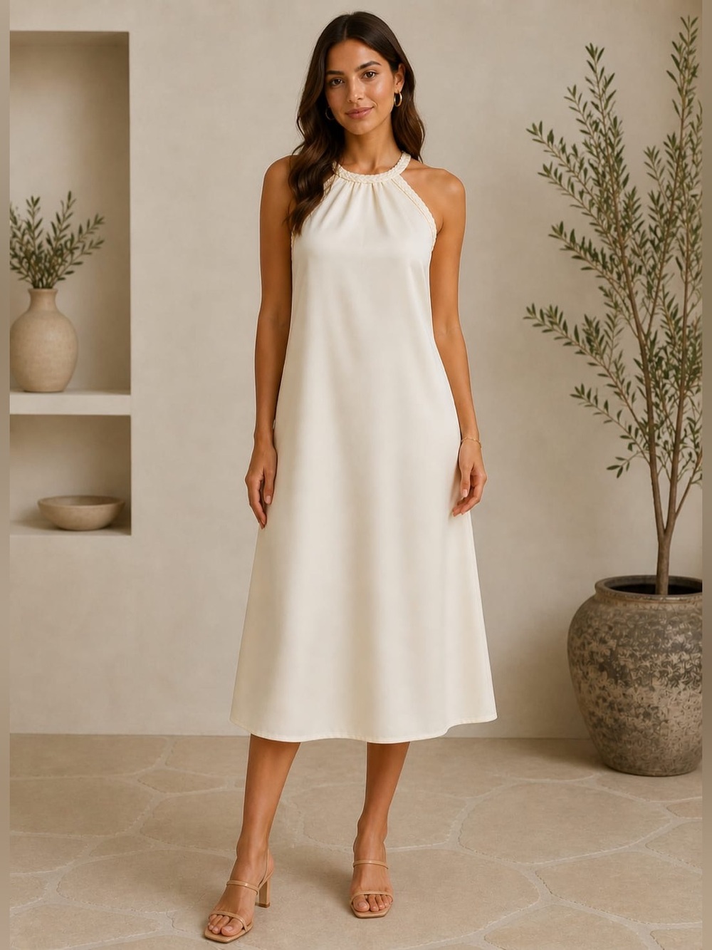 Women's White Maxi Dress with Rope Halter